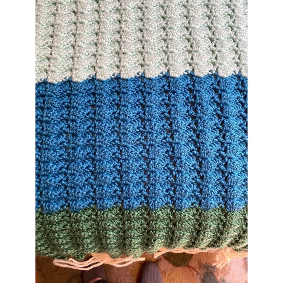 Handmade crochet striped multicolor heavyweight throw blanket afghan 84”x72” - Picture 3 of 10
